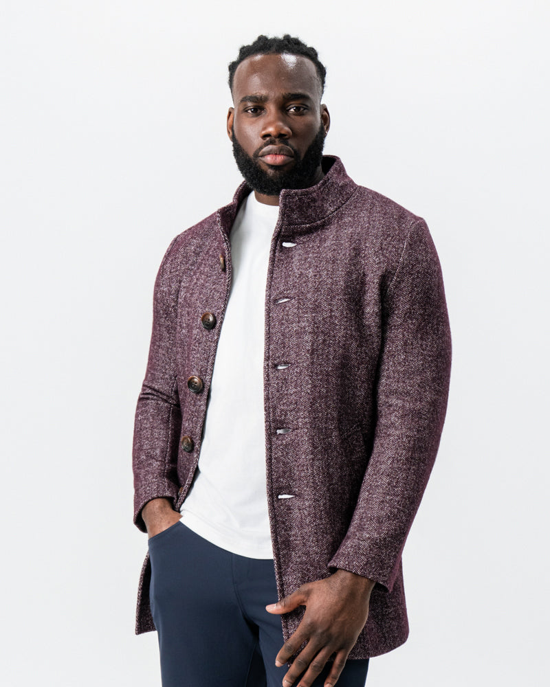 State & Liberty Maroon Herringbone Open Button Overcoat