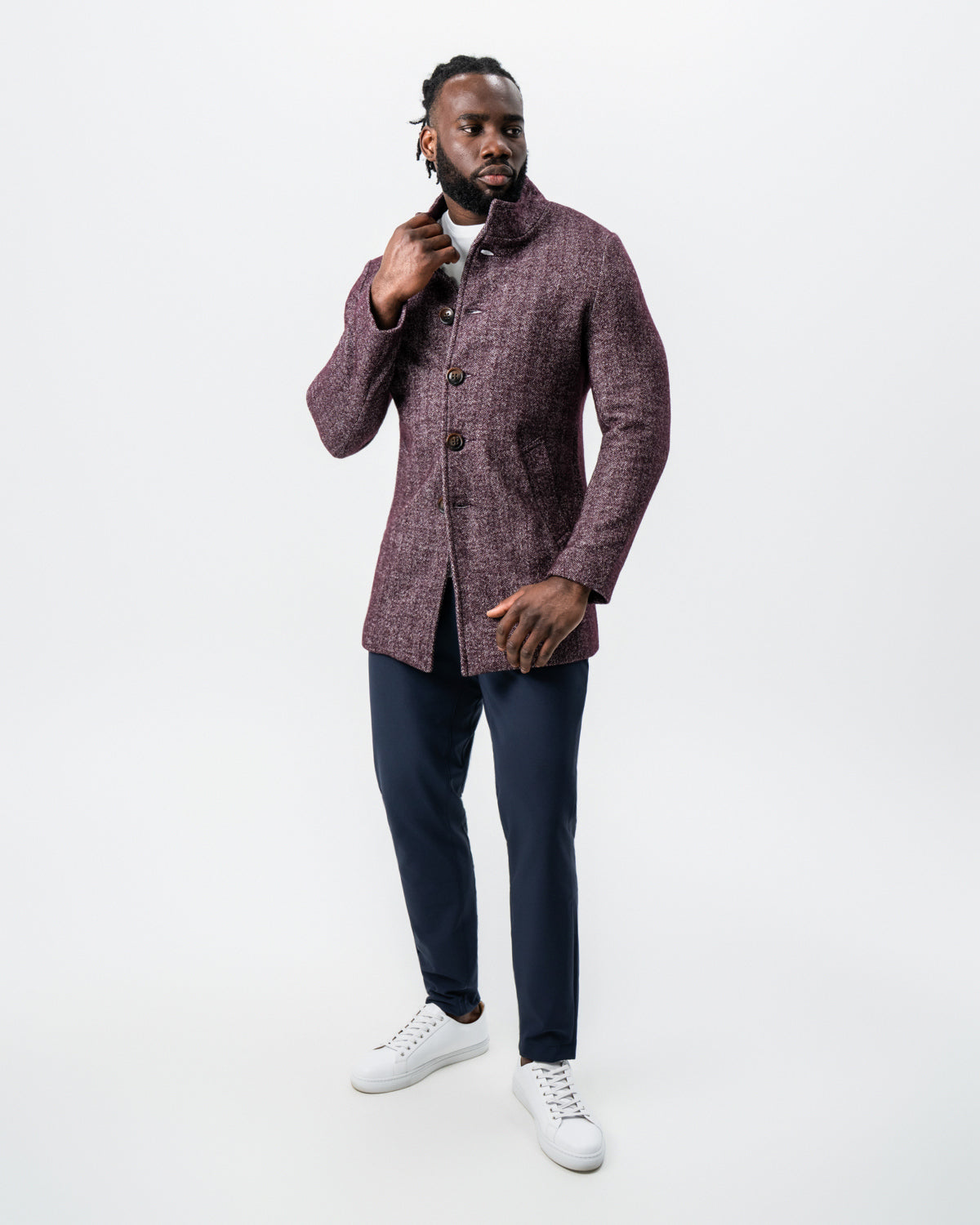 State & Liberty Maroon Herringbone Open Button Overcoat