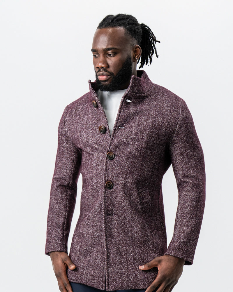 State & Liberty Maroon Herringbone Open Button Overcoat