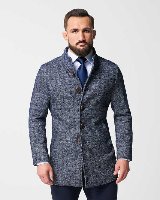 State & Liberty Open Button Overcoat - Navy Herringbone