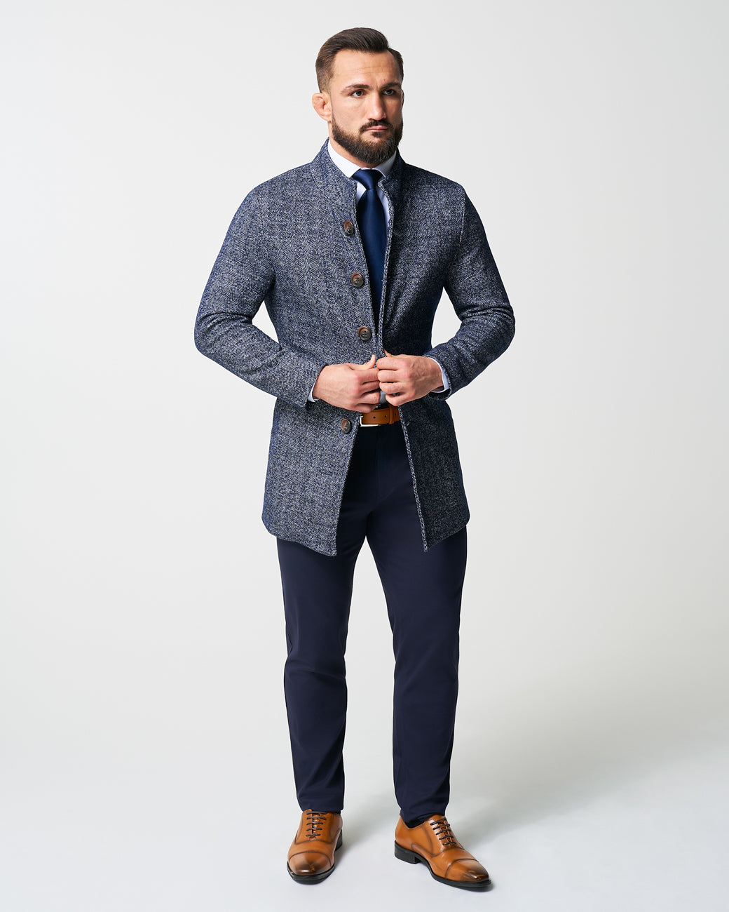 State & Liberty Open Button Overcoat - Navy Herringbone