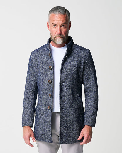 State & Liberty Open Button Overcoat - Navy Herringbone