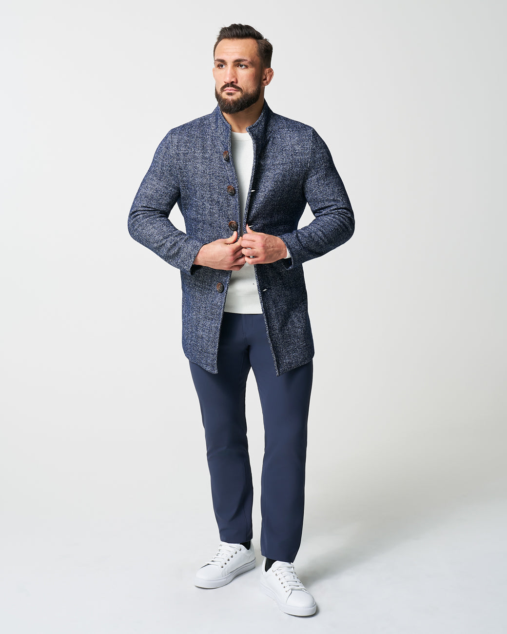 State & Liberty Open Button Overcoat - Navy Herringbone
