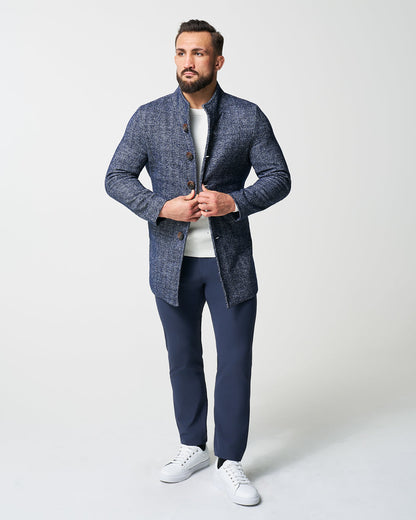 State & Liberty Open Button Overcoat - Navy Herringbone