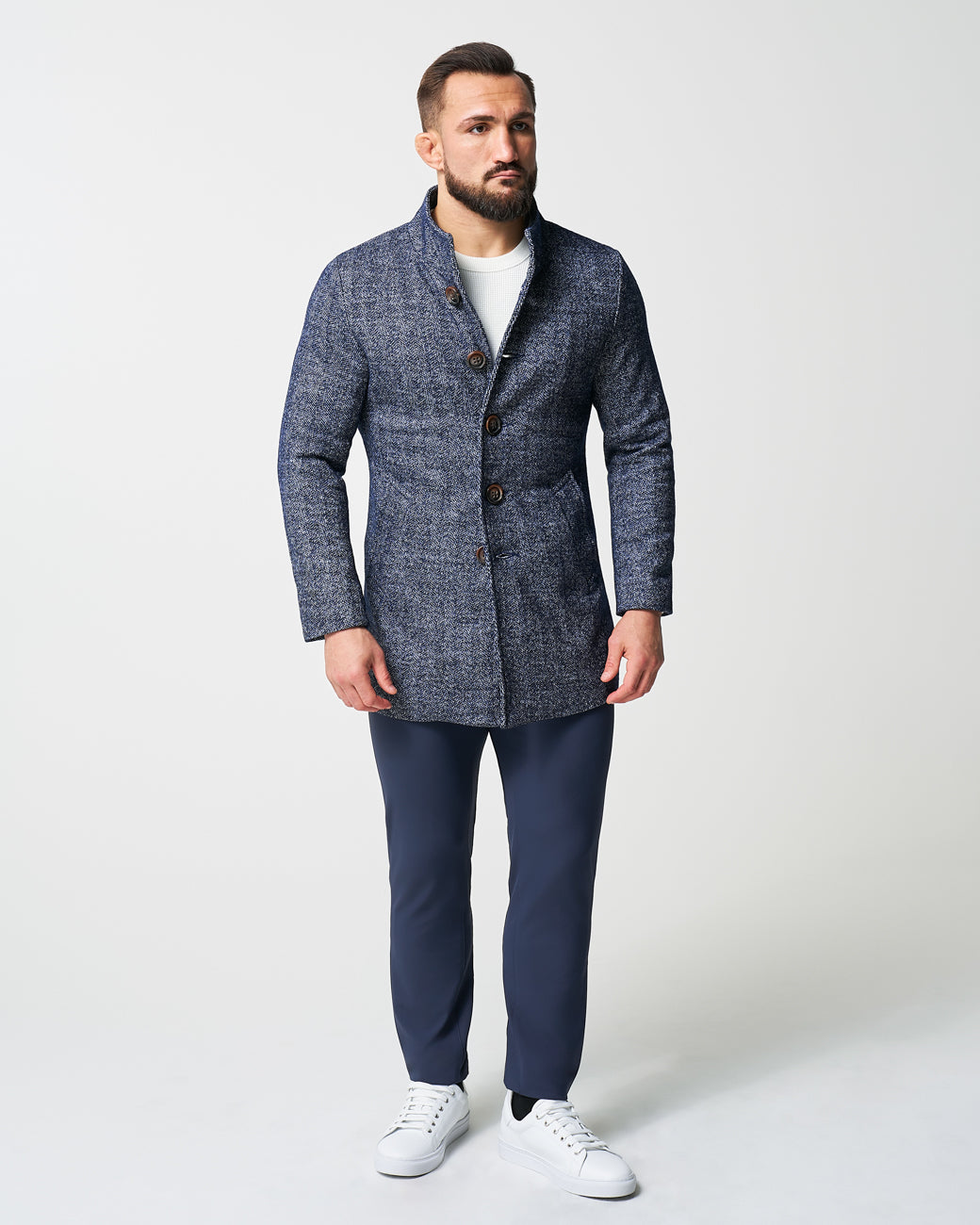 State & Liberty Open Button Overcoat - Navy Herringbone