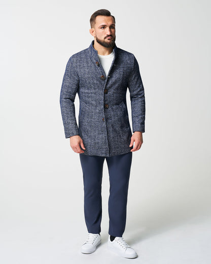 State & Liberty Open Button Overcoat - Navy Herringbone