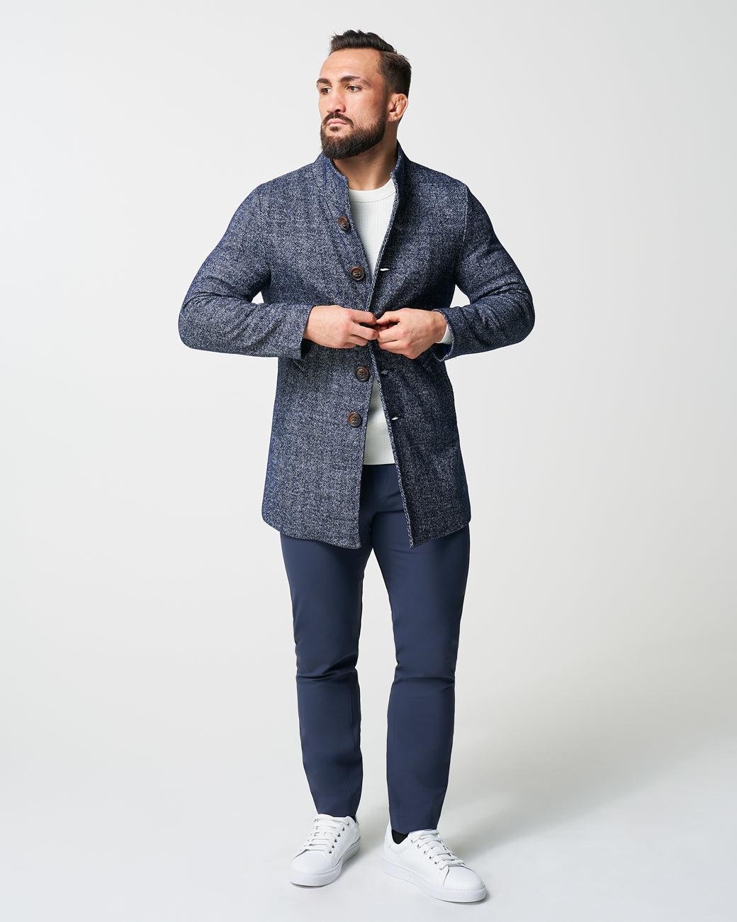 State & Liberty Open Button Overcoat - Navy Herringbone