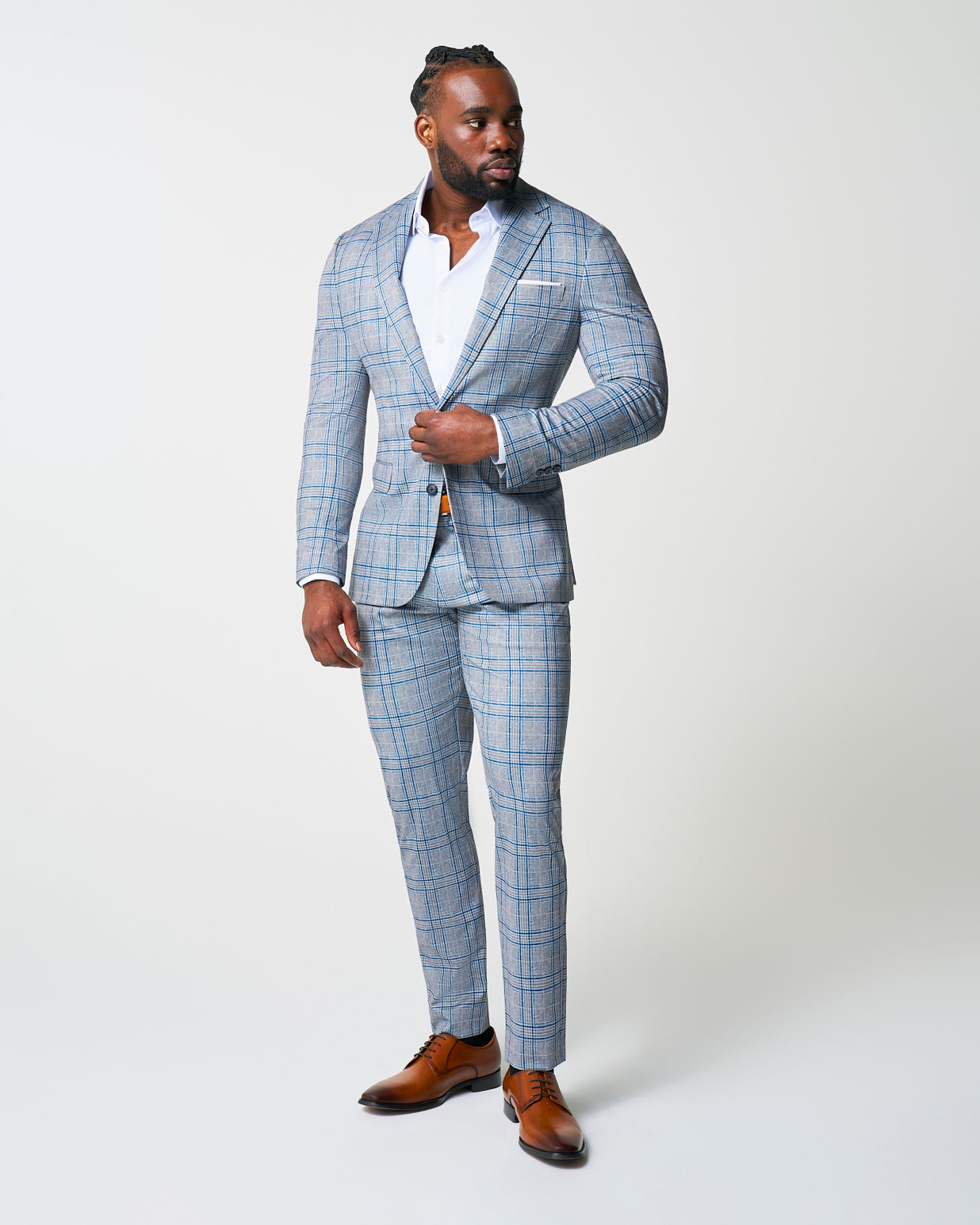 State & Liberty Athletic Fit Stretch Suit - Grey & Royal Blue Plaid