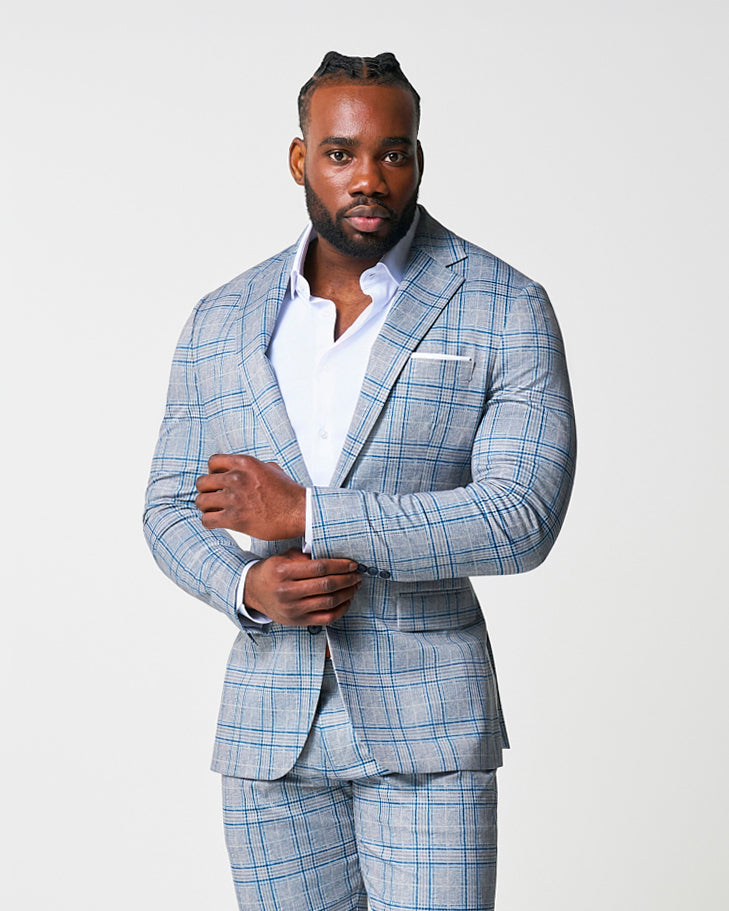State & Liberty Athletic Fit Stretch Suit - Grey & Royal Blue Plaid