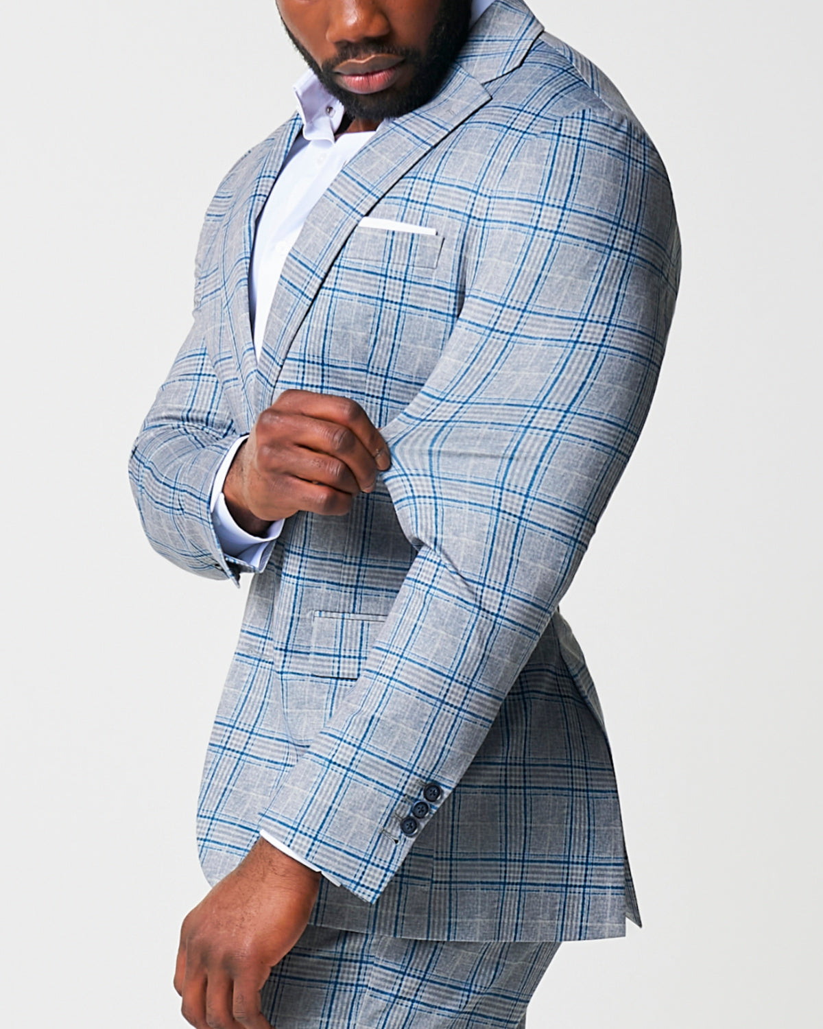 State & Liberty Athletic Fit Stretch Suit - Grey & Royal Blue Plaid