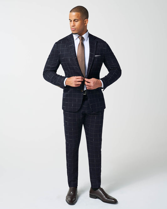 State & Liberty Athletic Fit Stretch Wool Suit - Midnight Navy & Chalk Windowpane