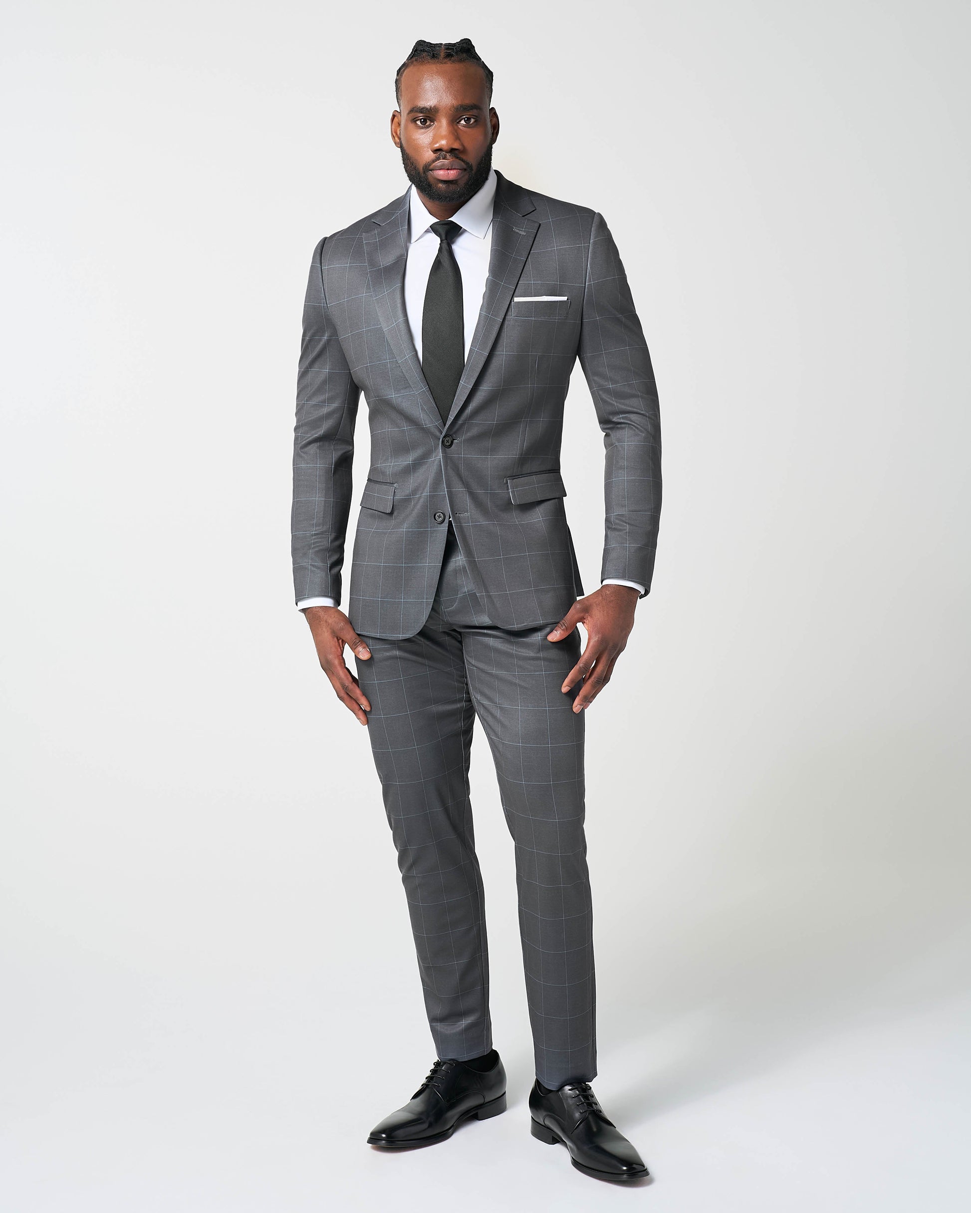 State & Liberty Athletic Fit Stretch Suit - Grey and White Big Windowpane