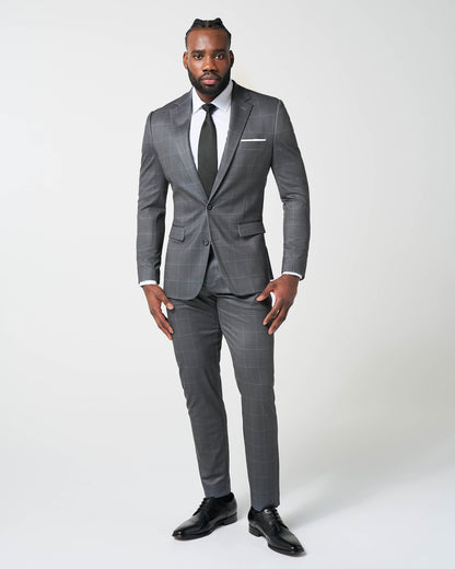 State & Liberty Athletic Fit Stretch Suit - Grey and White Big Windowpane