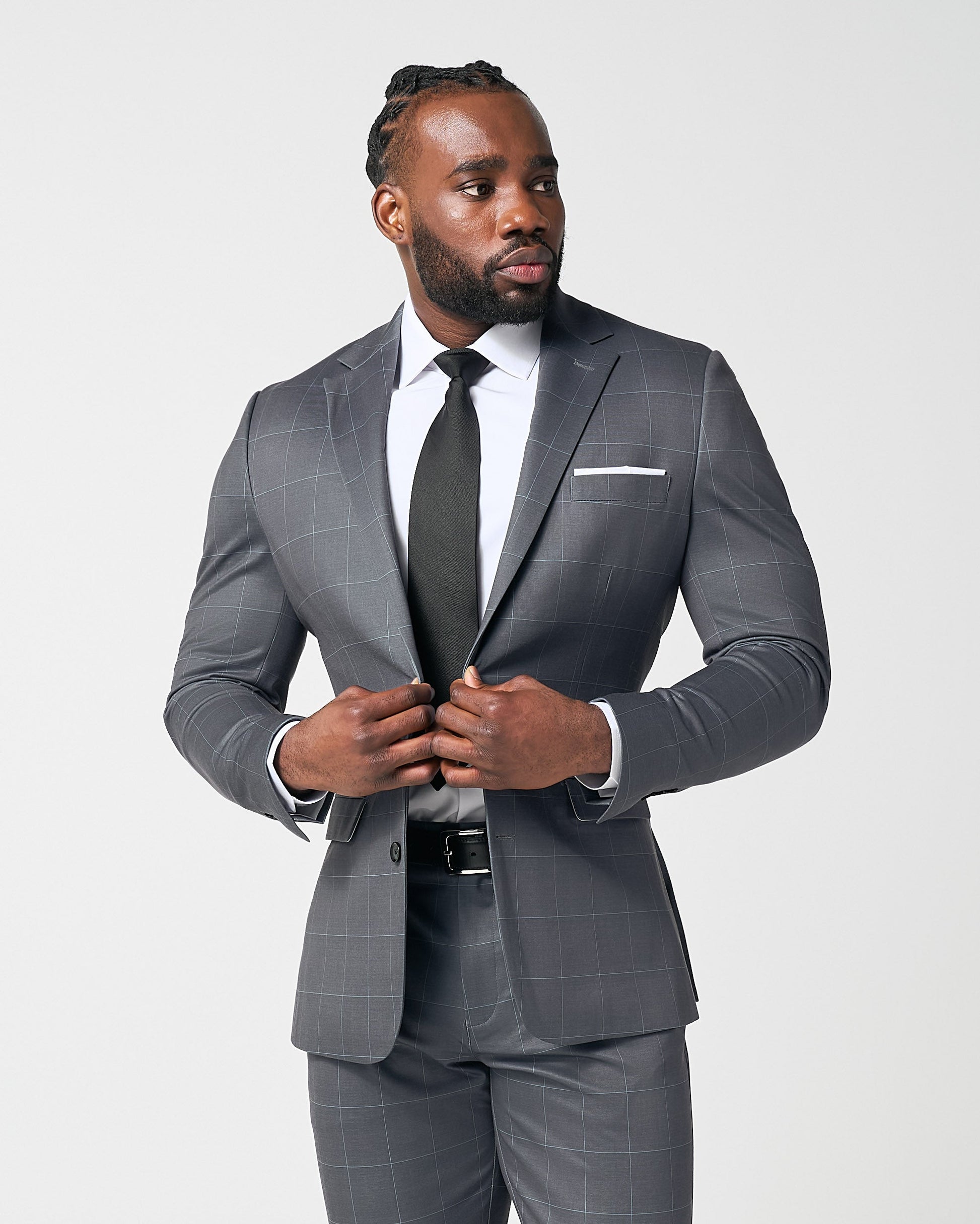 State & Liberty Athletic Fit Stretch Suit - Grey and White Big Windowpane