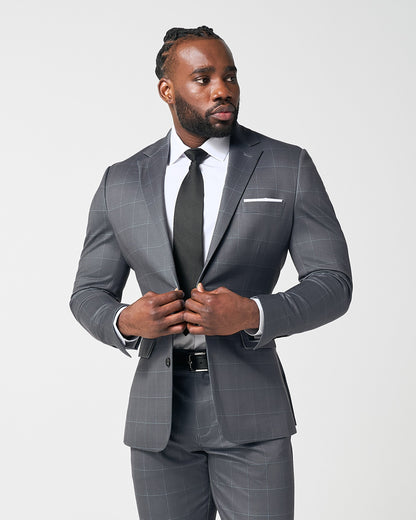 State & Liberty Athletic Fit Stretch Suit - Grey and White Big Windowpane