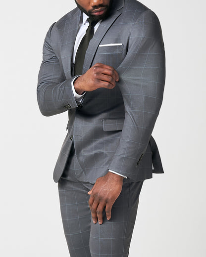 State & Liberty Athletic Fit Stretch Suit - Grey and White Big Windowpane