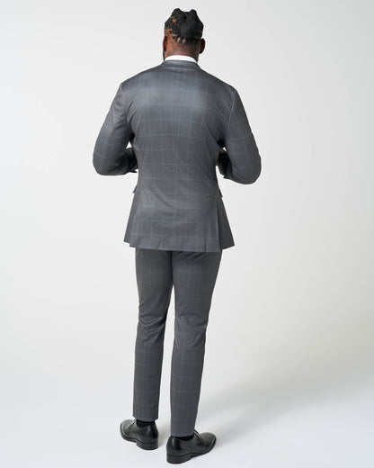 State & Liberty Athletic Fit Stretch Suit - Grey and White Big Windowpane