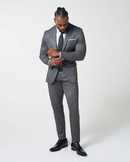 State & Liberty Athletic Fit Stretch Suit - Grey and White Big Windowpane