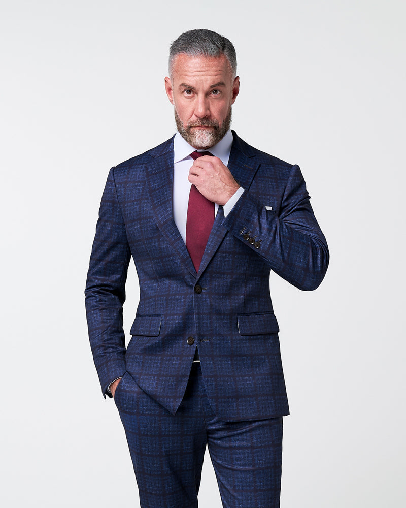 State & Liberty Athletic Fit Stretch Suit - Navy & Maroon Windowpane