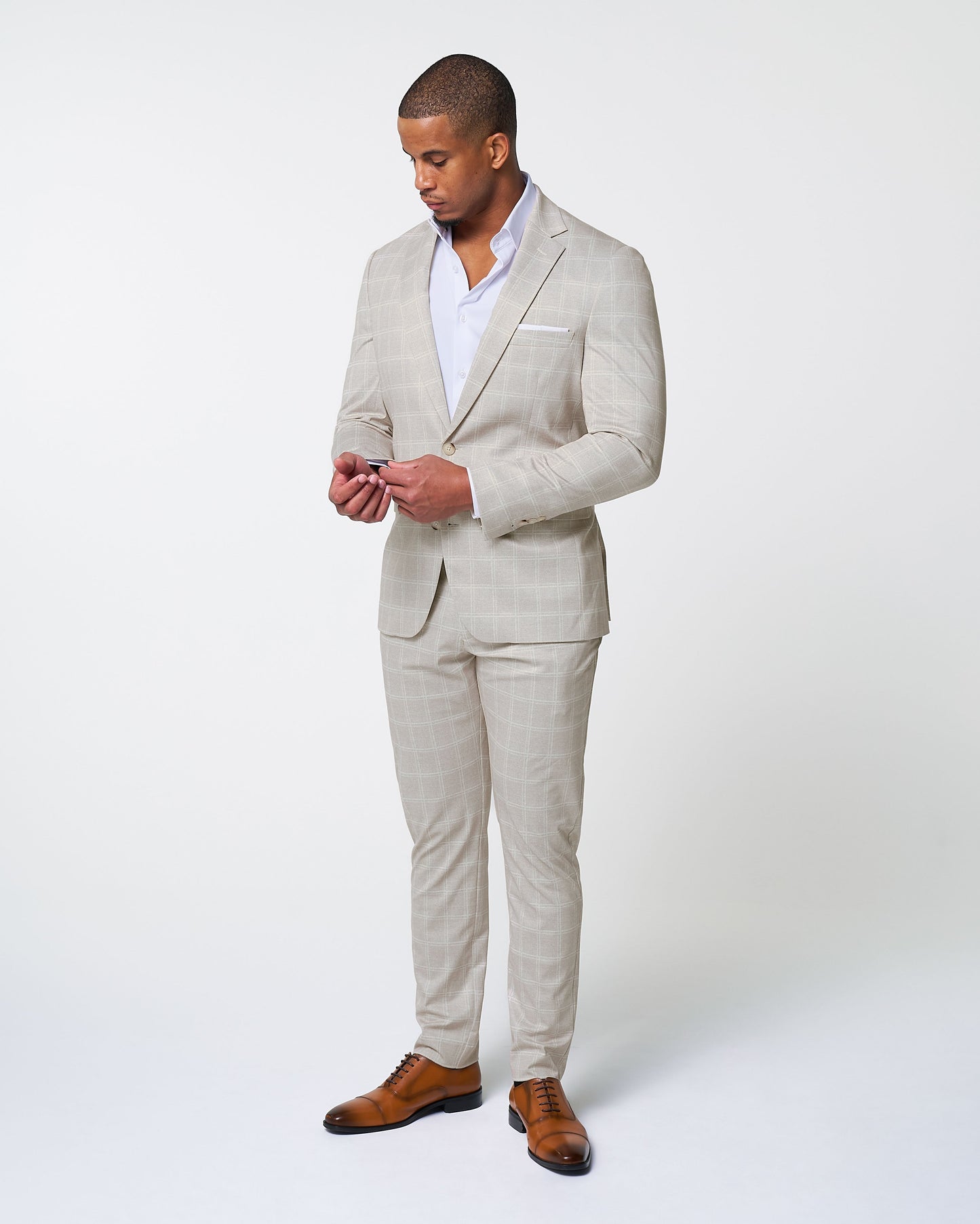 State & Liberty Athletic Fit Stretch Suit - Tan and White Windowpane Suit