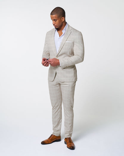 State & Liberty Athletic Fit Stretch Suit - Tan and White Windowpane Suit