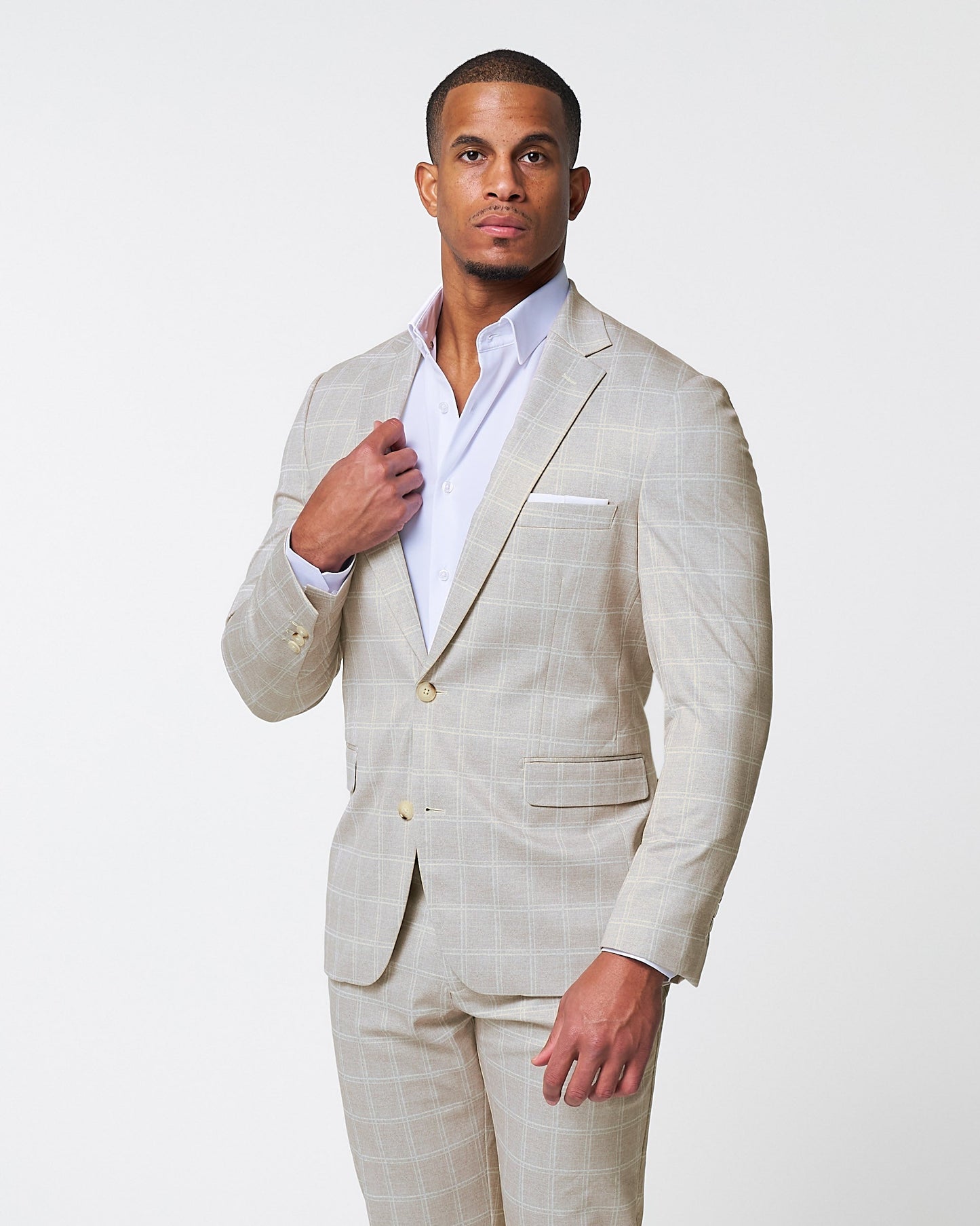 State & Liberty Athletic Fit Stretch Suit - Tan and White Windowpane Suit