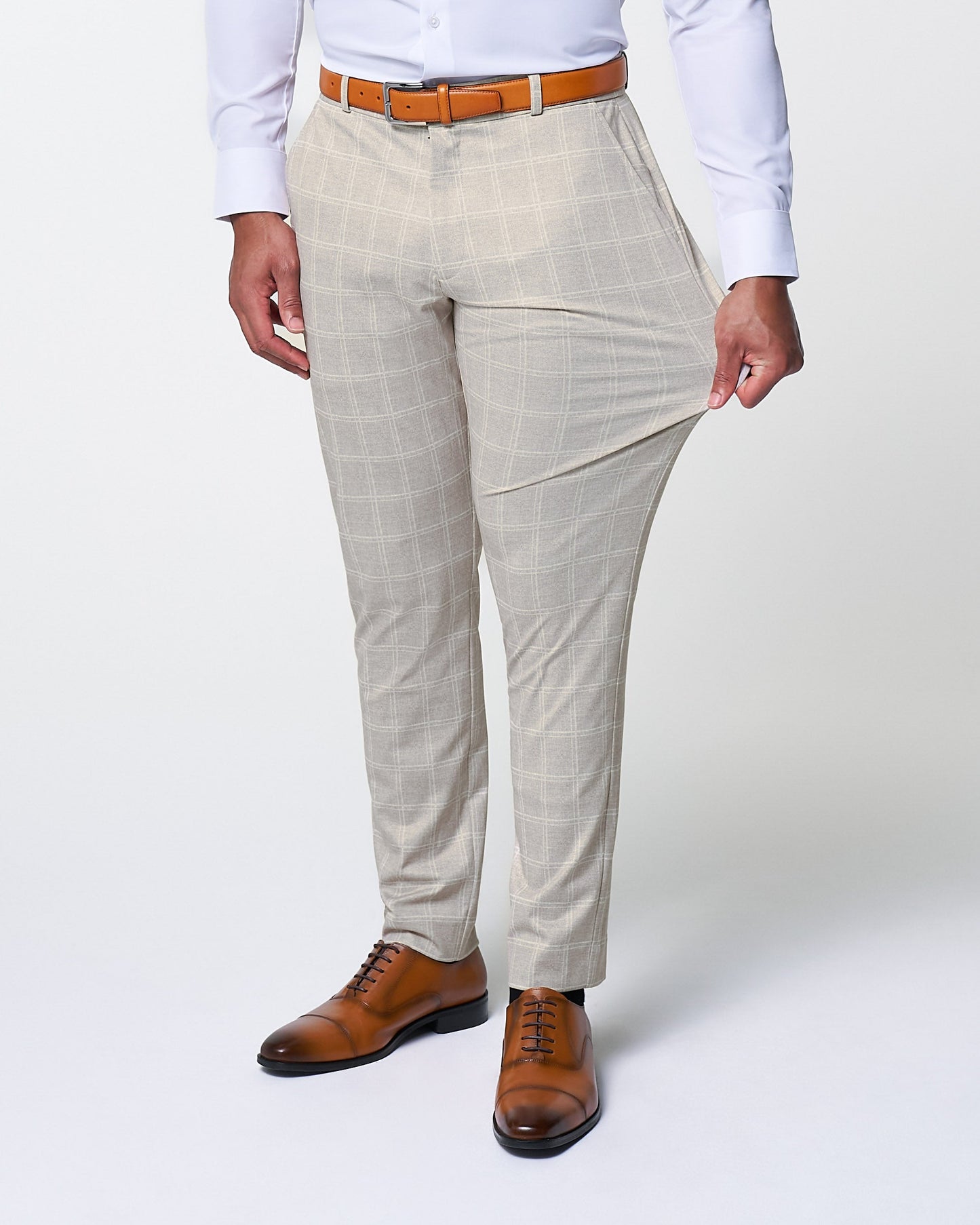 State & Liberty Athletic Fit Stretch Suit - Tan and White Windowpane Suit