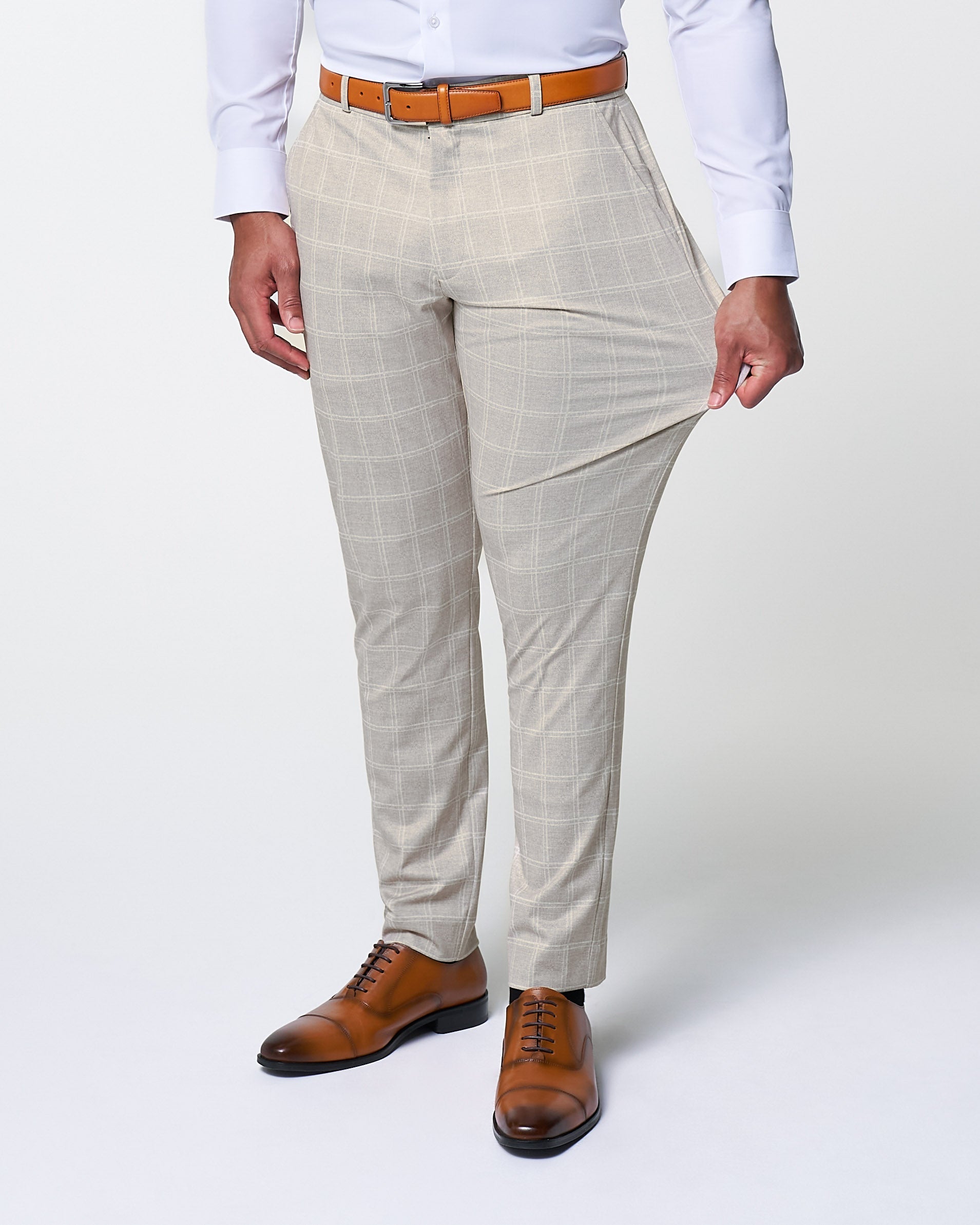 State & Liberty Athletic Fit Stretch Suit - Tan and White Windowpane Suit