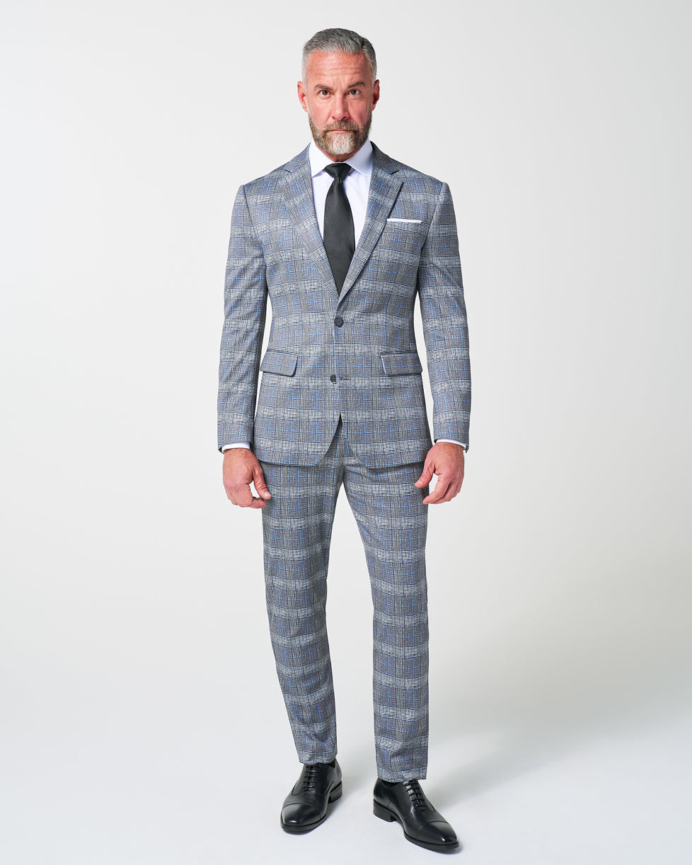 State & Liberty Athletic Fit Stretch Suit - Grey with Blue Plaid