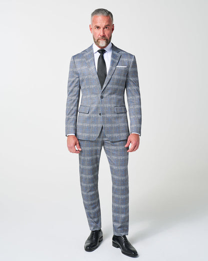 State & Liberty Athletic Fit Stretch Suit - Grey with Blue Plaid