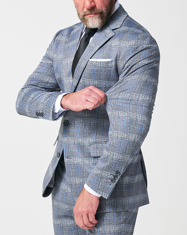 State & Liberty Athletic Fit Stretch Suit - Grey with Blue Plaid