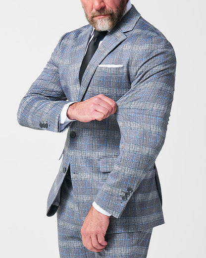State & Liberty Athletic Fit Stretch Suit - Grey with Blue Plaid