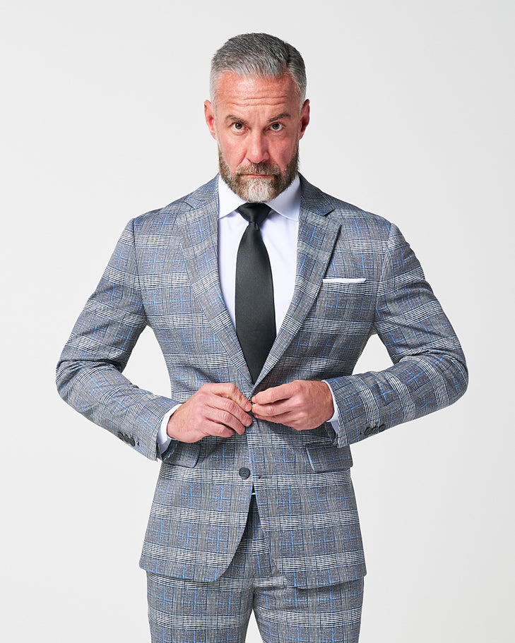 State & Liberty Athletic Fit Stretch Suit - Grey with Blue Plaid