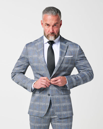 State & Liberty Athletic Fit Stretch Suit - Grey with Blue Plaid