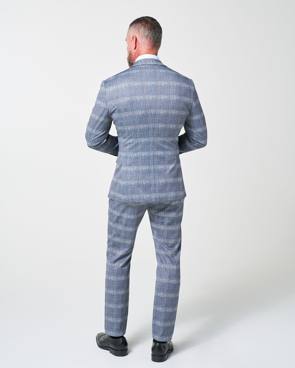 State & Liberty Athletic Fit Stretch Suit - Grey with Blue Plaid
