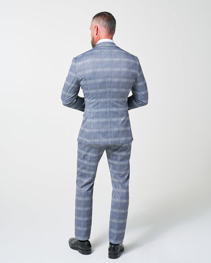 State & Liberty Athletic Fit Stretch Suit - Grey with Blue Plaid