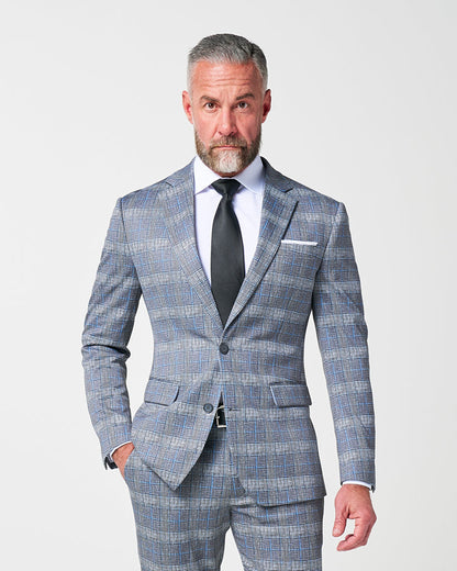 State & Liberty Athletic Fit Stretch Suit - Grey with Blue Plaid