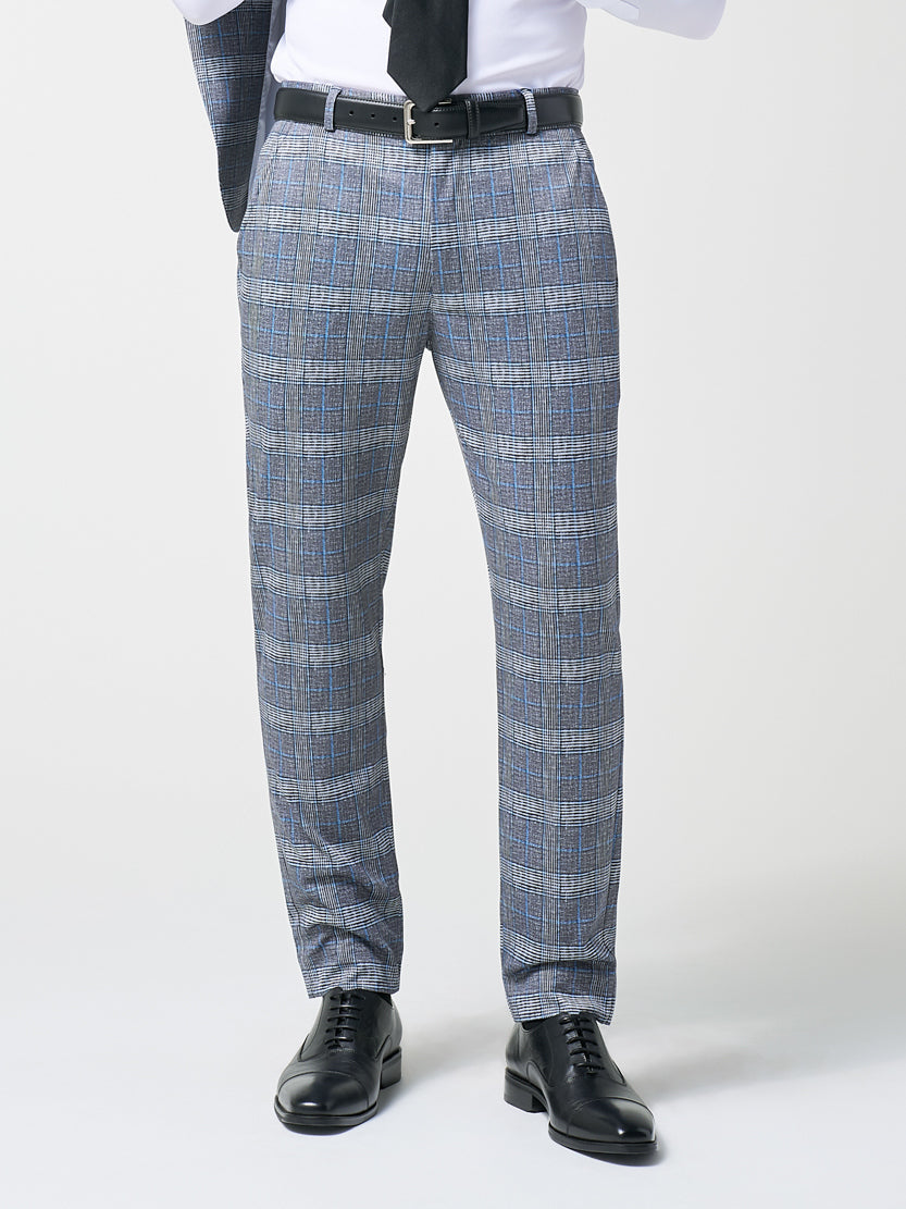 State & Liberty Athletic Fit Stretch Suit - Grey with Blue Plaid