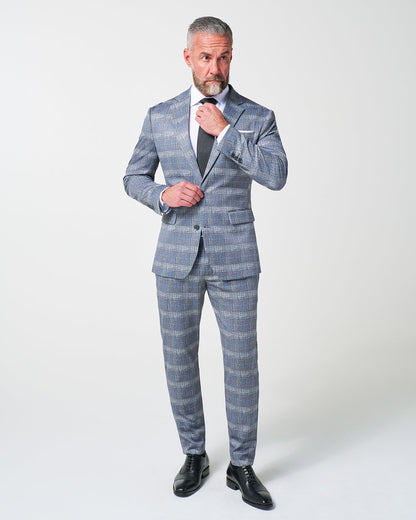 State & Liberty Athletic Fit Stretch Suit - Grey with Blue Plaid