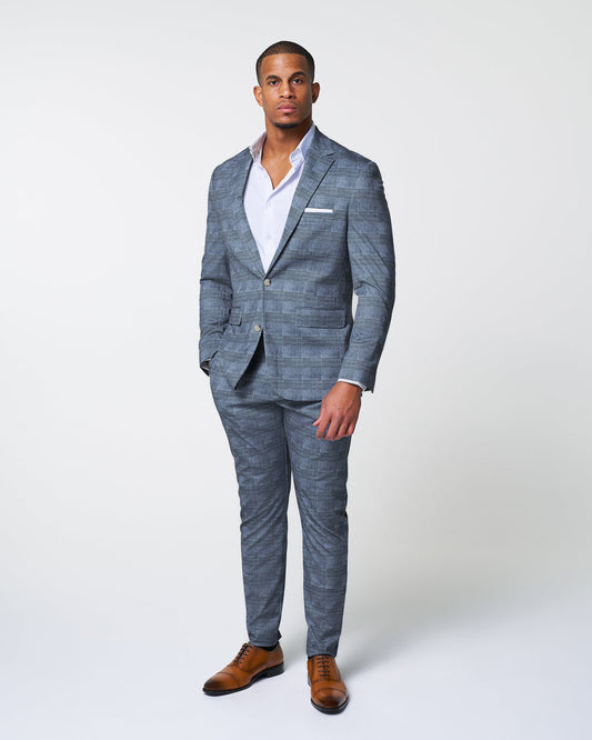 State & Liberty Athletic Fit Stretch Suit - Knit Light Blue, Navy and White Plaid