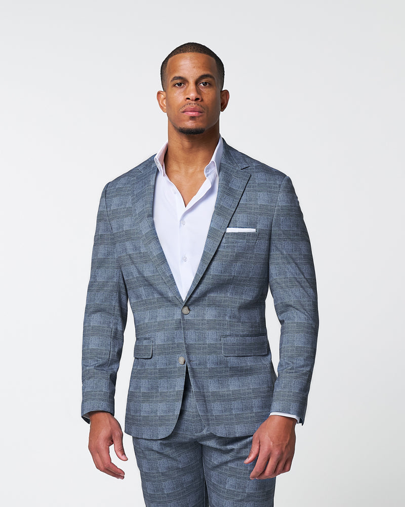 State & Liberty Athletic Fit Stretch Suit - Knit Light Blue, Navy and White Plaid