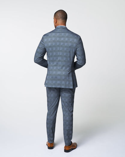 State & Liberty Athletic Fit Stretch Suit - Knit Light Blue, Navy and White Plaid
