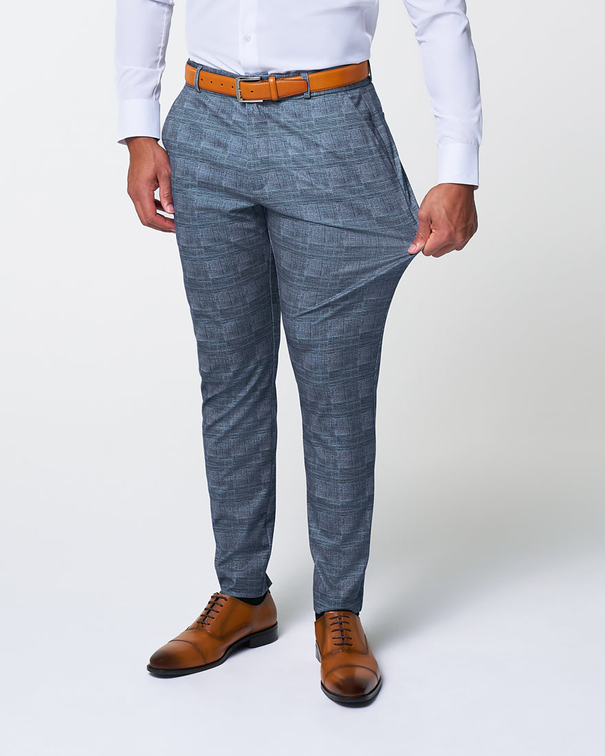 State & Liberty Athletic Fit Stretch Suit - Knit Light Blue, Navy and White Plaid