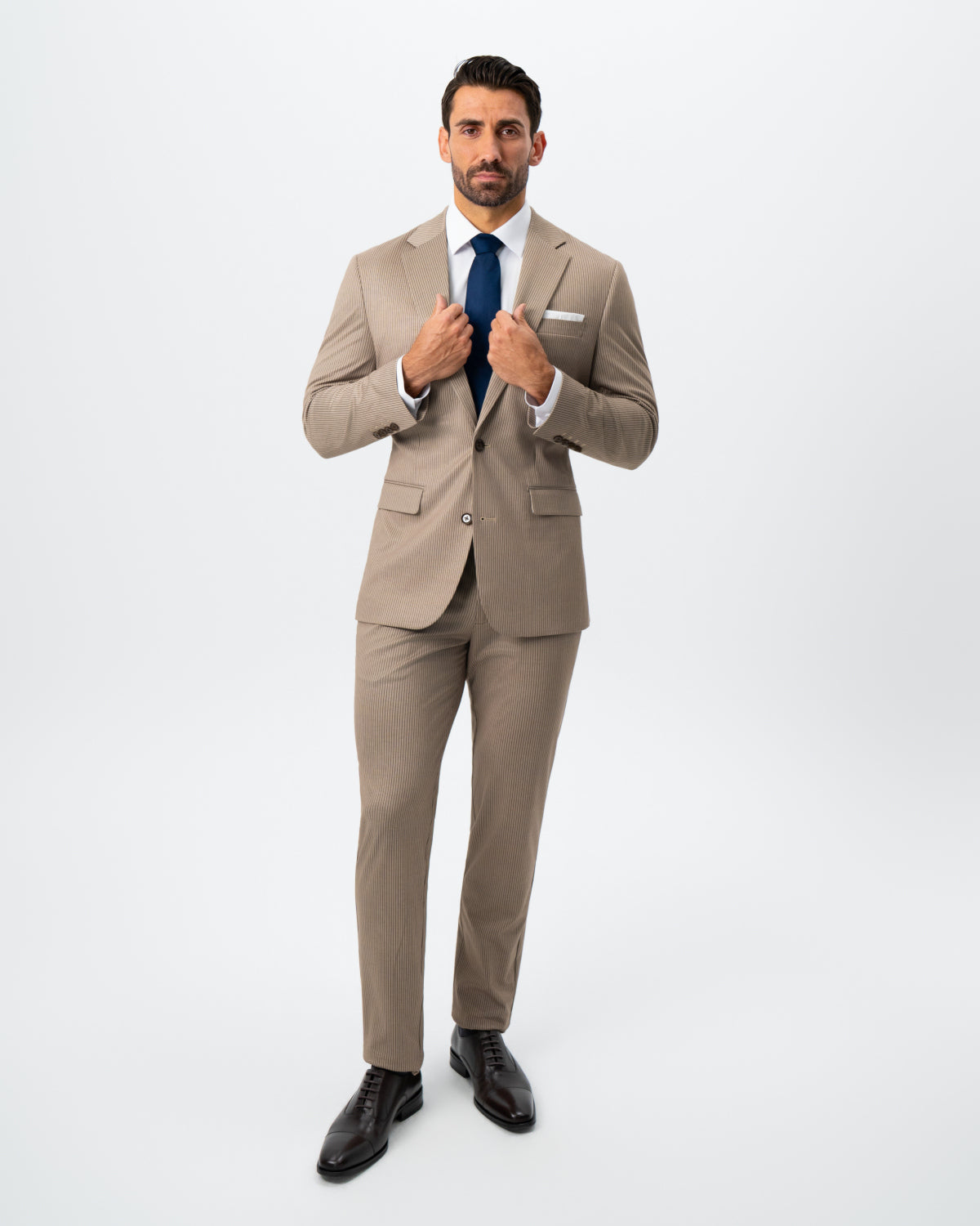 State & Liberty Athletic Fit Stretch Suit - Khaki and Olive Pinstripe