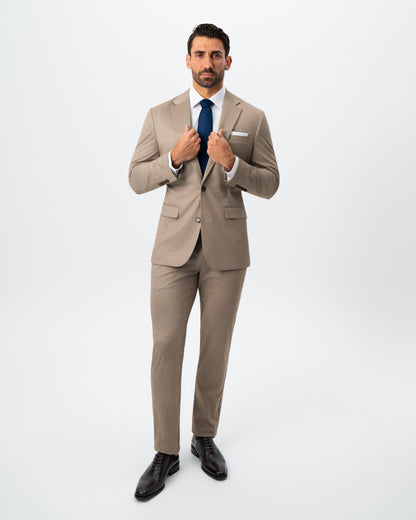 State & Liberty Athletic Fit Stretch Suit - Khaki and Olive Pinstripe