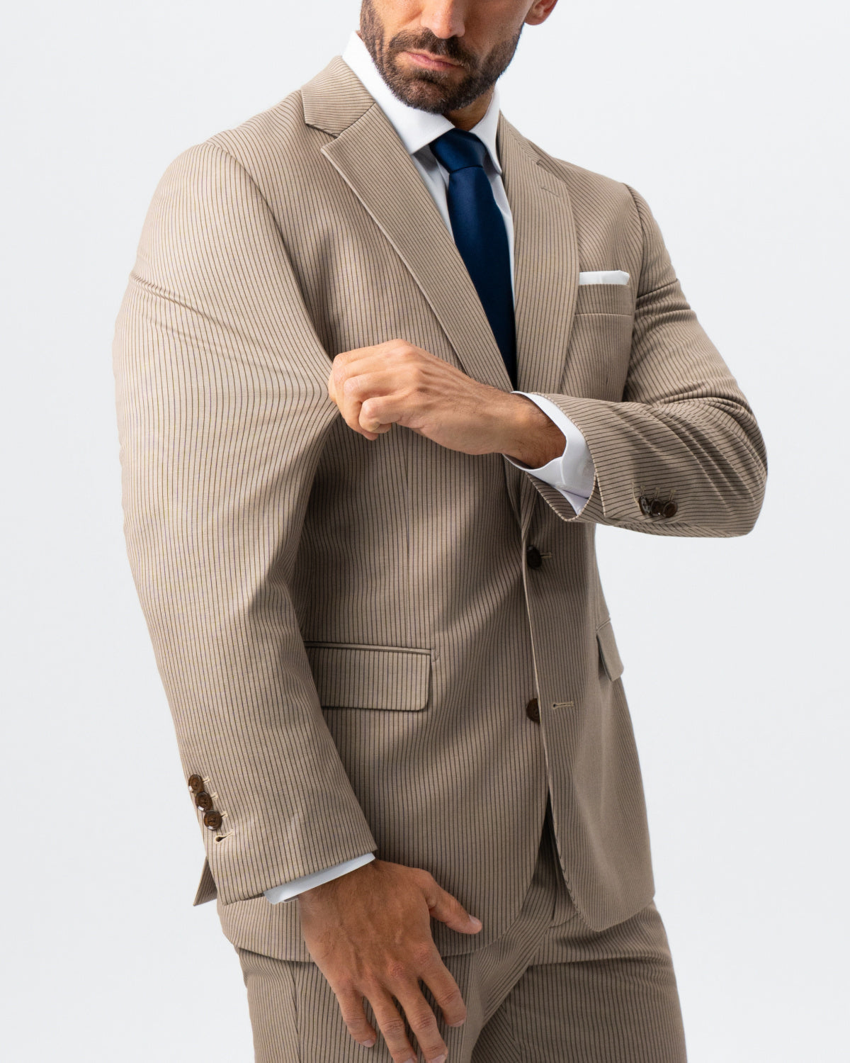 State & Liberty Athletic Fit Stretch Suit - Khaki and Olive Pinstripe