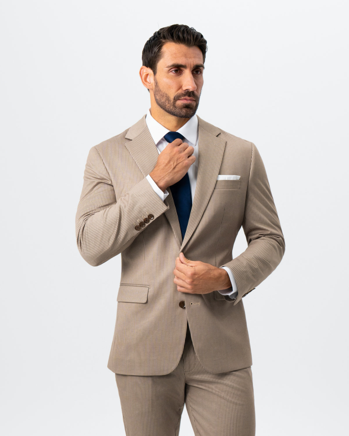 State & Liberty Athletic Fit Stretch Suit - Khaki and Olive Pinstripe