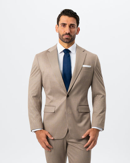 State & Liberty Athletic Fit Stretch Suit - Khaki and Olive Pinstripe