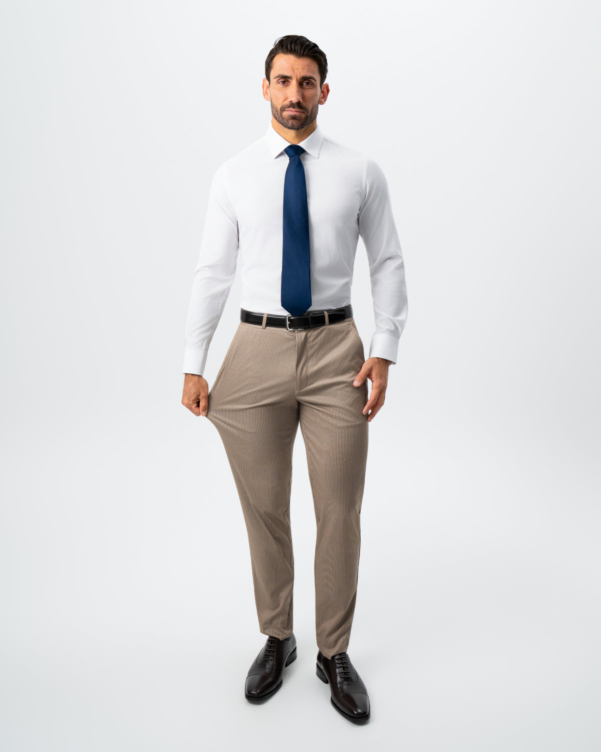 State & Liberty Athletic Fit Stretch Suit - Khaki and Olive Pinstripe