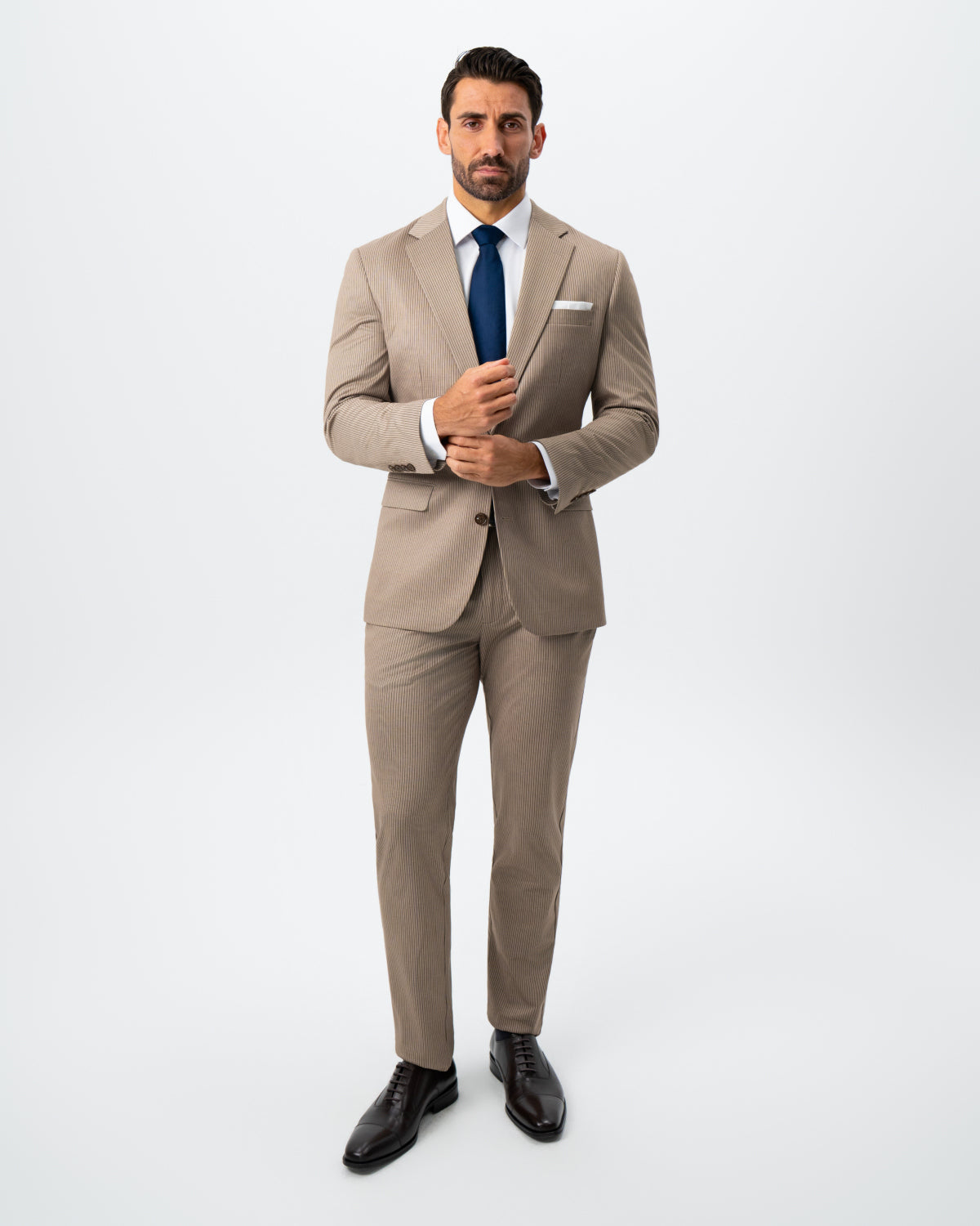 State & Liberty Athletic Fit Stretch Suit - Khaki and Olive Pinstripe